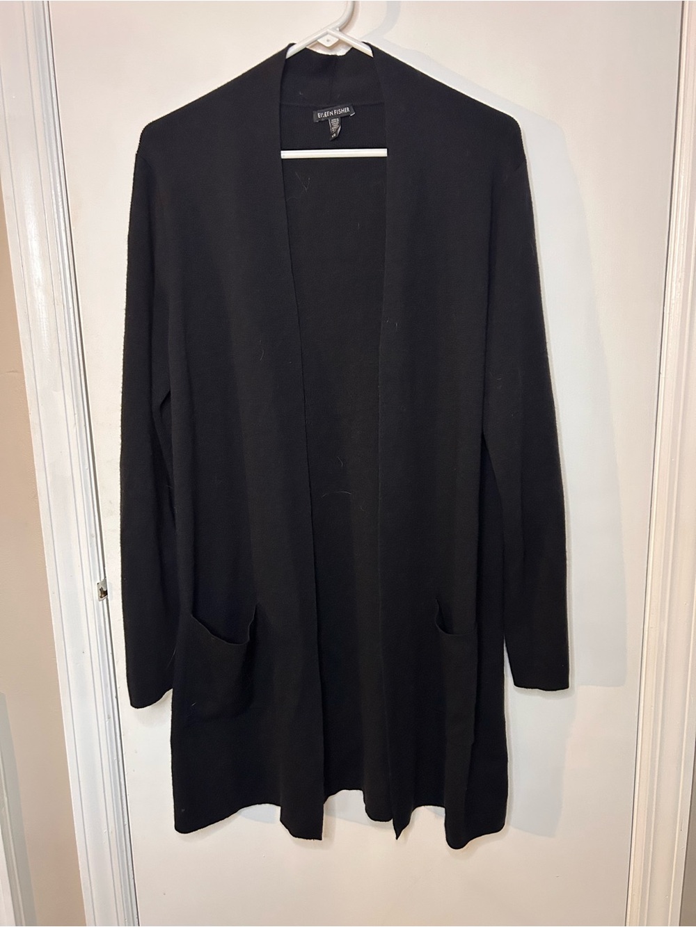 EILEEN FISHER BLACK OPEN FRONT 100% WOOL CARDIGAN W/ POCKETS SIZE LARGE